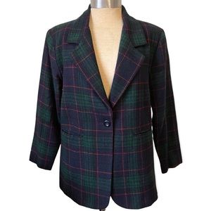 Vintage Plaid Blazer Jacket 90’s Y2K Green Navy Blue Oversize Grandpacore Medium